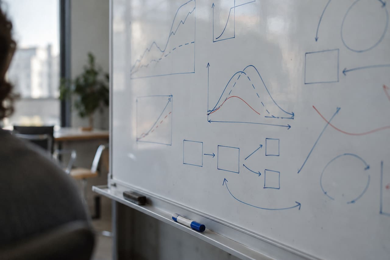 A whiteboard covered in hand-drawn curves, boxes and arrows, with a blue marker on the tray