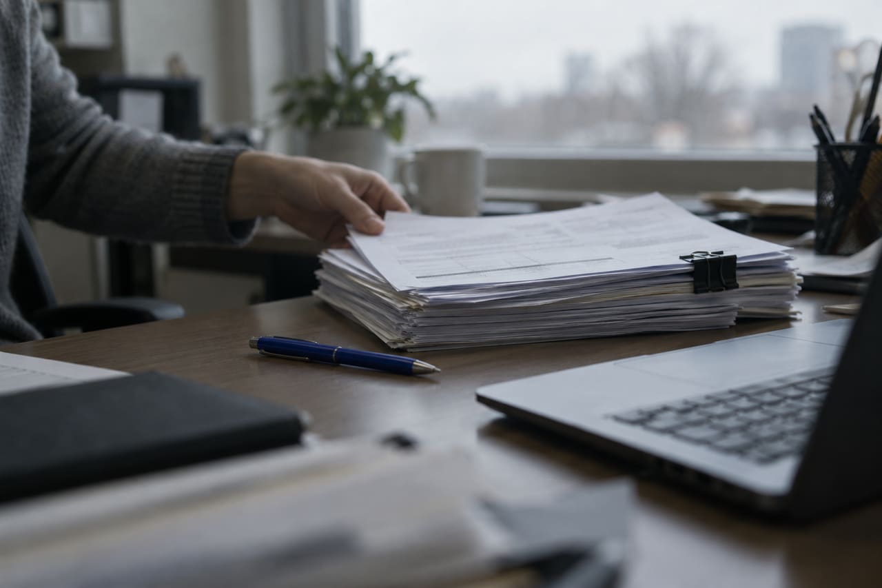 A stack of paper insurance claim forms on an office desk beside a laptop
