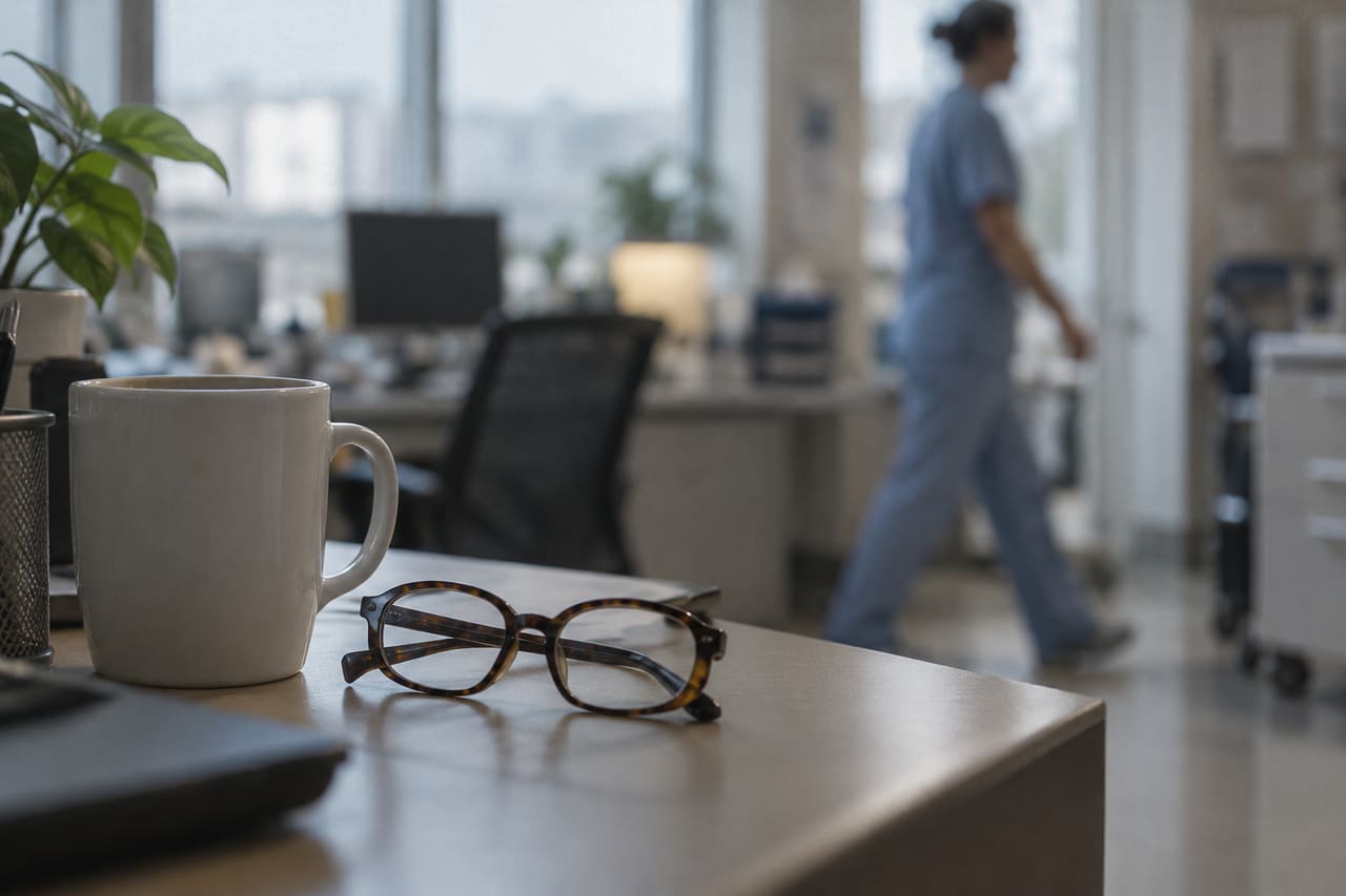 Reading glasses and a mug on a desk in a hospital office while a clinician in scrubs walks past, out of focus