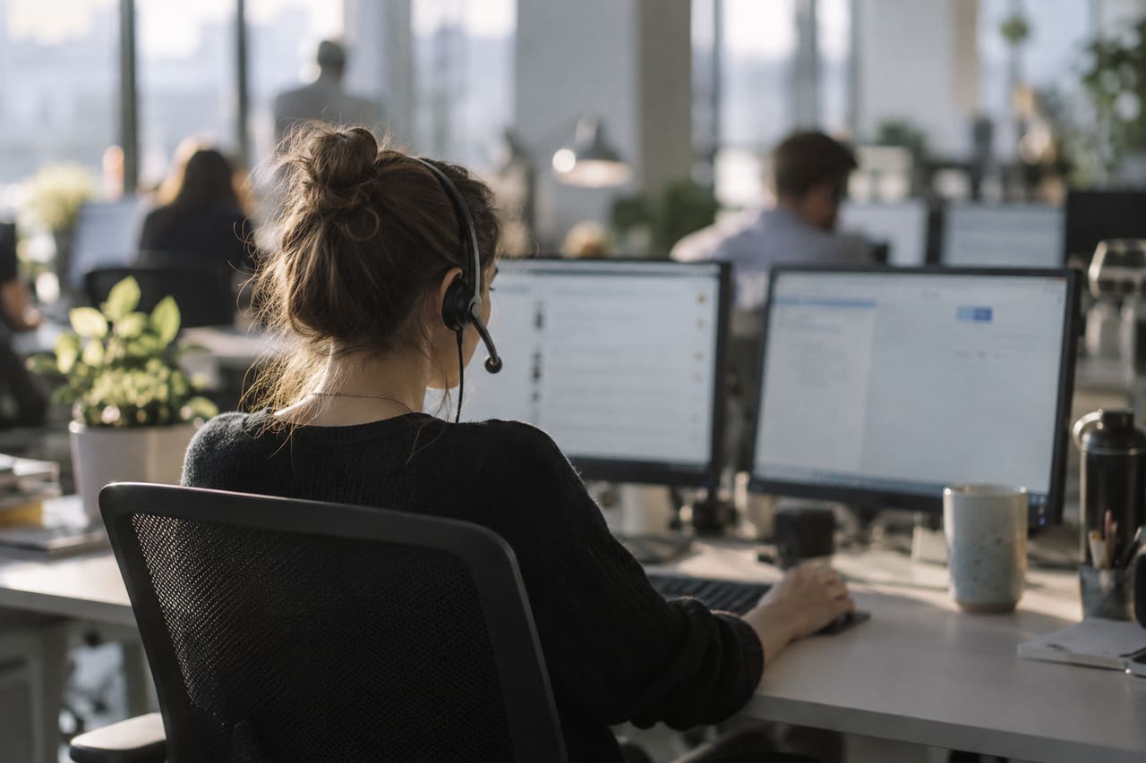 A customer support agent wearing a headset, seen from behind, working at two monitors in an open-plan office